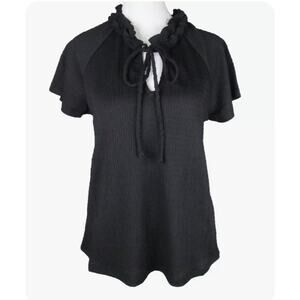 Everleigh Knit Black Pucker Ruffle Neck Shortsleeved Polyester Blend Shirt Sm.
